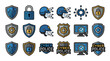 © MSTSHAHNAJ - Comprehensive Vector Icon Set of Cyber Police Badges and Digital Security Symbols Featuring Shields, Padlocks, Binary Code, Helmets, and Computer Monitors in a Bold Outline Style on White.