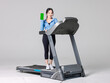 © Bangkok Click Studio - Asian young beautiful cheerful woman sport girl in sportswear exercise holding mobile smartphone with blank green screen showing on treadmill athlete training, gray background studio healthy wellness.