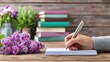 © Preecha - Conceptual image of writer during a digital detox moment, writing in journal , cinematic natural light, background shows old books and flowers , visual metaphor for mindfulness or disconnecting from