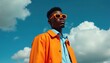 © Maryna - Young Black man model wears orange jacket and sunglasses against blue sky with clouds. He poses with confident attitude for fashion editorial. Modern haute couture style.