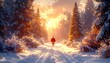 © Zerr - A person in a red suit walks through a snowy forest toward a bright, sunlit horizon. The scene is wintery