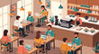 © OneAhmad - Vibrant illustration of a modern coffee shop bustling with diverse individuals engaged in remote work, studying, and socializing, reflecting a contemporary lifestyle and productive atmosphere