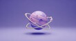 © Flo - A digitally rendered 3D planet with pastel stripes in purple, pink, and blue, featuring circular indentations and surrounded by two yellow orbital rings with attached spheres resembling satellites.