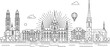 © Its Marjia's World - European city skyline line art, historic architecture outline, cathedral towers, town hall clock, old buildings, travel illustration, urban panorama vector