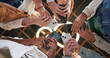 © MagicDavid25/peopleimages.com - People, hands or huddle with phone for network sharing, data sync or communication below. Low angle, group or creative community in circle with mobile smartphone or app for social media or connection