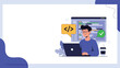 © Payel - Male developer working on a laptop with coding scripts and a checkmark, representing successful software development and programming.