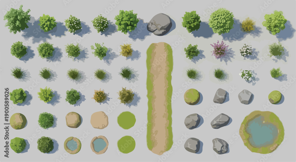 Top View 3D Render Set of Landscape Design Elements for Game or ...