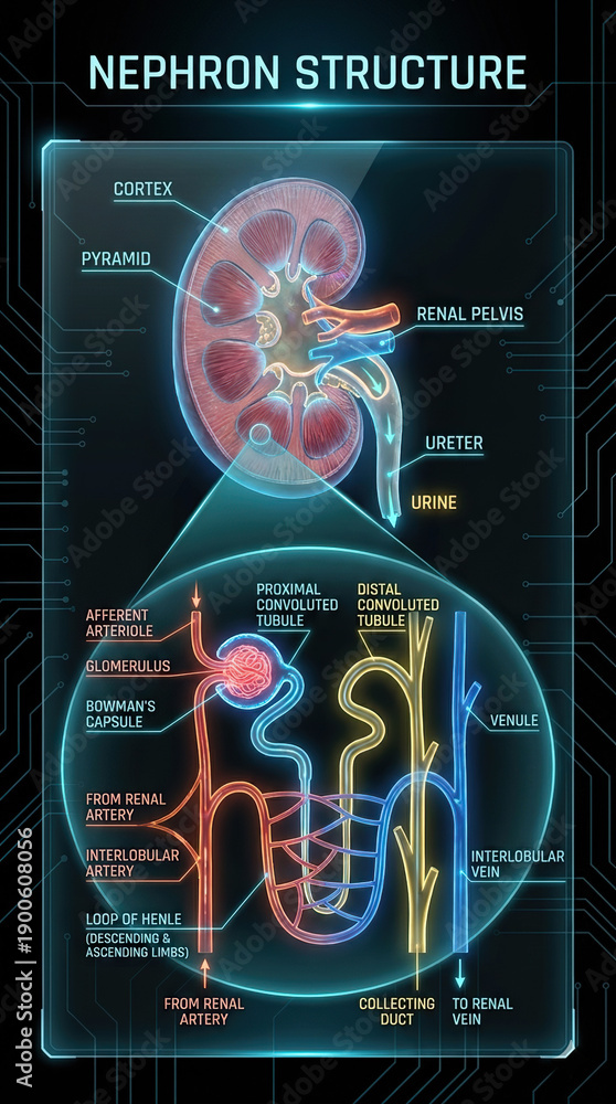 Kidney and nephron structure diagram medical biology illustration Stock ...