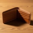 © JUBEDA - Brown leather bifold wallet open showing card slots and compartments on a wooden table surface with soft lighting