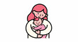 © DYA - A cartoon illustration of a woman with pink hair holding a baby in her arms against a white background with a simple and cute design.