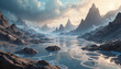 © hassan - Emotional fantasy landscape with liquid surfaces, soft glow, artistic 3D render