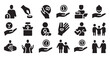 © MD - Social support icons set with coin hands giving care family help elderly assistance and community donation