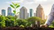 © Johnnii - A small plant grows in soil with stacks of coins nearby, set against a city skyline, symbolizing investment in sustainability and growth.