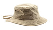 © a muh sakaria - Beige wide-brimmed bucket hat with chin strap, against a black background