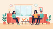 © Mera - Three people and a dog in a living room with laptops and plants