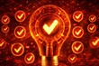 © Vooper - Futuristic glowing light bulb with check mark symbol surrounded by digital network nodes and validation icons on red tech background. Concept of verification, approval, innovation, security and succes