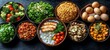 © Yasmeen - A variety of healthy food bowls arranged on a dark surface including vegetables eggs and proteins for a nutritious meal