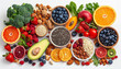 © soyibakter - Healthy food clean eating selection: fruit, vegetable, seeds, superfood, cereals, leaf vegetable on background