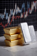 © overrust - gold and silver bars with financial trend chart, precious metal investment concept with market graph, bullion wealth growth background with copy space