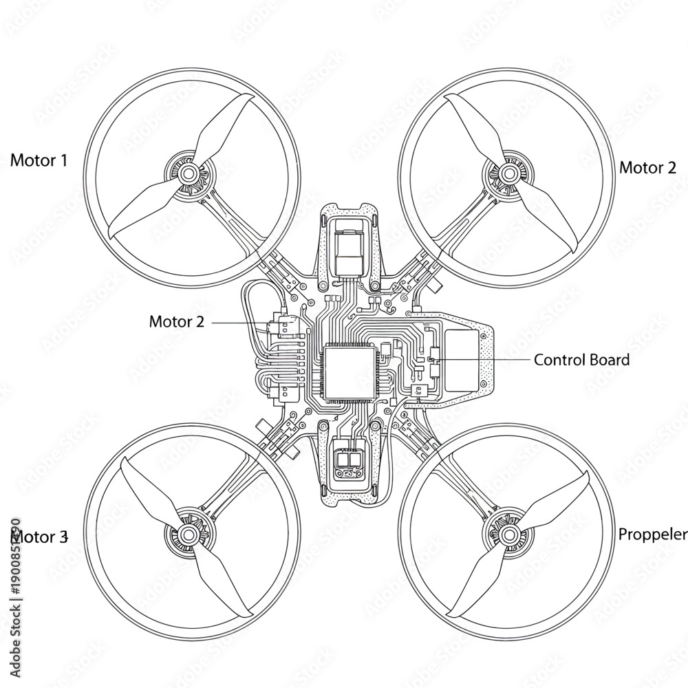 Detailed black‑and‑white drone component diagram illustrating motors ...