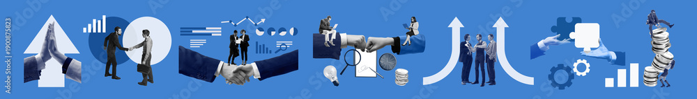 Corporate composition partnership growth and business collaboration. Concept of strategic cooperation, financial growth, teamwork development, management planning, corporate success visuals. Banner