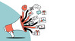 © Tegar - A vibrant illustration depicting a megaphone with multiple arms holding diverse digital marketing and communication tools, symbolizing a comprehensive multi-channel strategy.