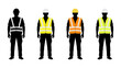 © KRvisualPRO - Set of four black silhouettes of construction workers in colored safety vests with reflective stripes and helmets, including orange, yellow, lime green, and black and white version, no background