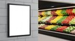 © rdkcho - Blank advertisement board in modern grocery store with colorful produce