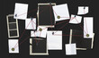© klyaksun - Detective investigation board with crime evidence, photo frames, pins and red string connecting clues on blackboard background. 3d realistic vector illustration of police case analysis workspace