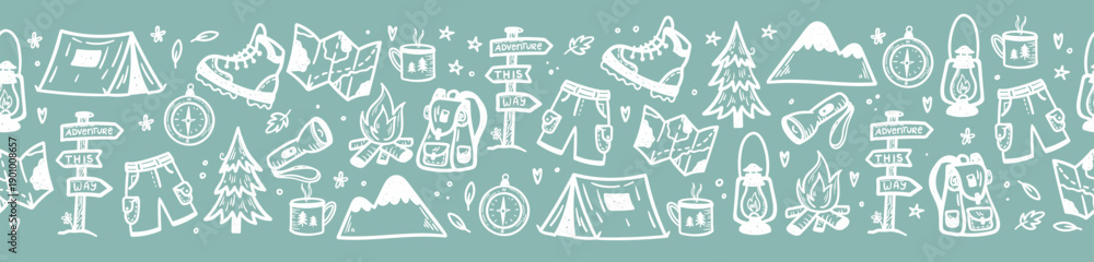 Cute hand drawn vector seamless pattern with camping doodles, tents ...