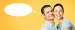 © vgstudio - Love, relationships, date, romantic concept - happy emotional smile cute couple, man woman, girlfriend boyfriend wear blue casual cloth, isolated over orange yellow background with white speech bubble