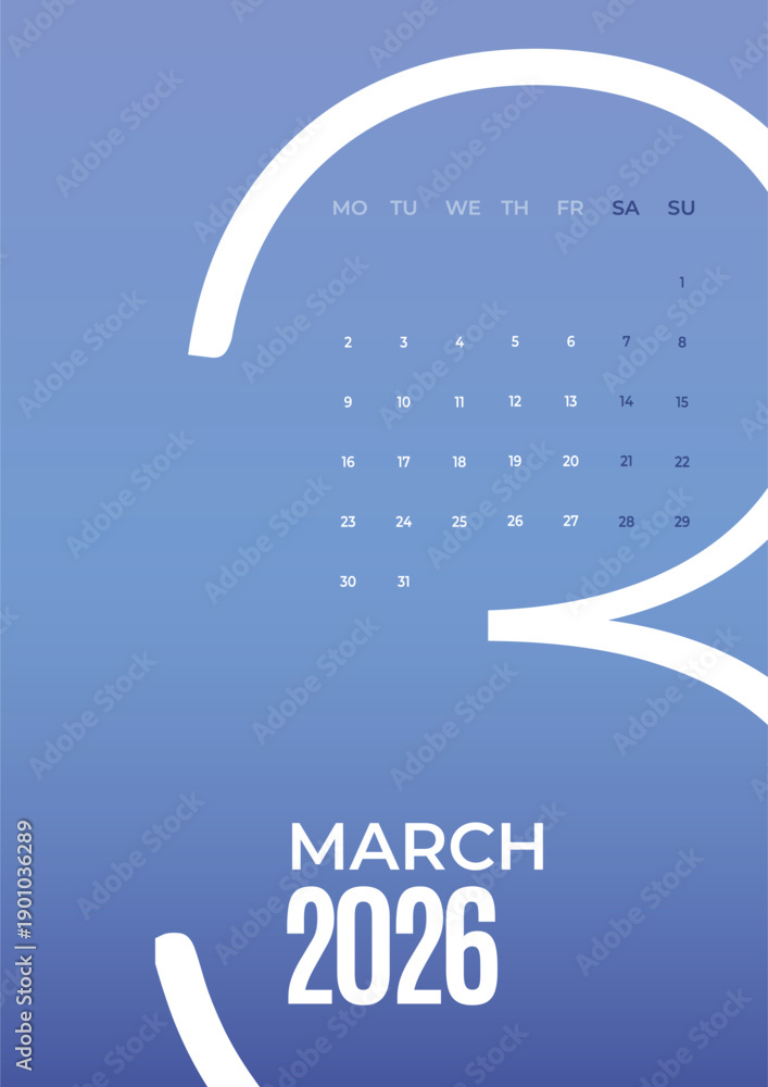 March 2026 minimal calendar template, week starts Monday. Gradient ...