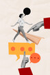 © deagreez - Sketch image trend artwork montage photo collage of young lady walk feedback comment conversation sticker paper flight hand finger point