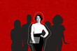 © deagreez - Trend artwork 3D photo collage of silhouette young lady stand hold laptop crowd behind leading society diversity individual uniqueness