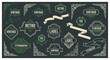 © Kinan - A collection of vintage and retro design elements including ornate borders, labels, and ribbons, presented on a dark background.