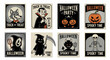 © Adel - A collection of eight vintage-style Halloween posters featuring spooky characters and holiday themes.