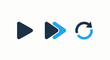 © MdRuhul - Set of three icons representing media playback and refresh actions: play button, fast forward arrows, and a circular refresh arrow for digital content controls.
