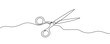 © chekman - Scissors in one line art style. Scissors drawing with editable black stroke on white background. Vector illustration.