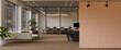 © Prathankarnpap - 3D modern open office with a blank wooden wall and a glass meeting room.