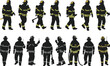 © Sohagh's World - Firefighter silhouettes collection, emergency responders in protective gear, walking poses with equipment, black vector illustration set isolated