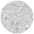 © balabolka - Sketchy vector set of Cleaning cartoon doodle objects, symbols and items. Round composition