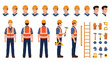 © Toriqul - Professional construction worker character sheet featuring front, back, and side views with various tools and safety gear.