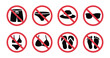 © Moni - Collection of prohibited beach and pool items including shorts bikini hat sunglasses and bare feet