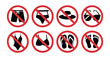© Moni - Set of prohibited beach items icons inside red circle symbols isolated on white background for water safety