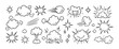 © Aikaterini - Comic explosion and smoke effect clouds doodle set. Black and white line art style for pop art, manga, and graphic design. Ideal for stickers, icons, and dynamic visuals. Vector illustration