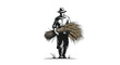 © nanda - A farmer in overalls and a hat bending down to lift a metal bucket from the ground in a simple illustration.