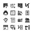 © Matsabe - Home renovation and repair service, monochrome icons set. House and apartment repair work, construction tools, maintenance service, building improvement. Black and white symbols style.