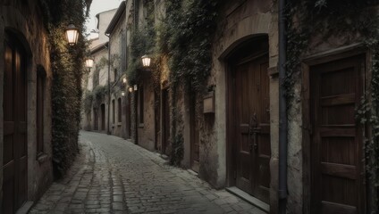  Cobblestone alley in European town with buildings, lights, wooden doors and ivy