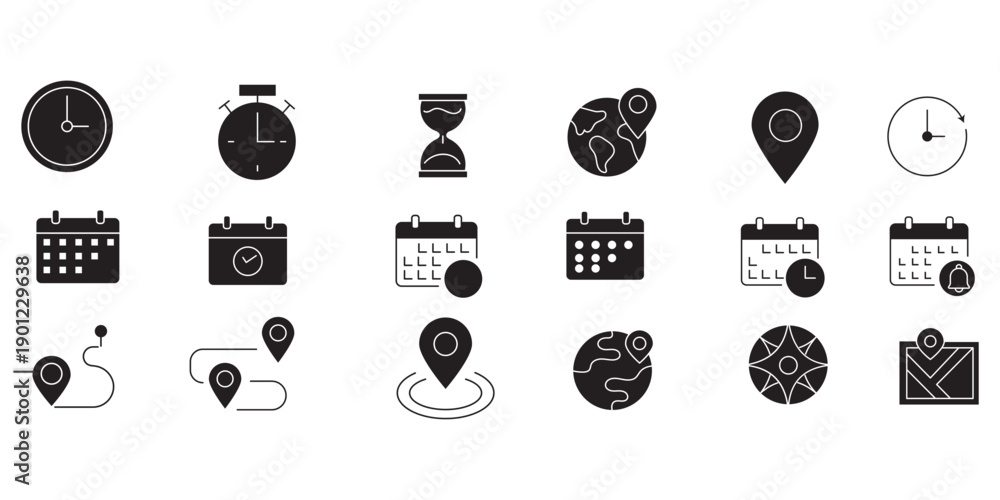 Time, calendar and location icon set with clocks, schedules, maps and ...