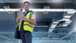 © Grispb - Commercial building, HVAC inspection. Maintenance engineer checks ventilation systems using a tablet and radio, coordinating installation control, technical audit, and facility management.